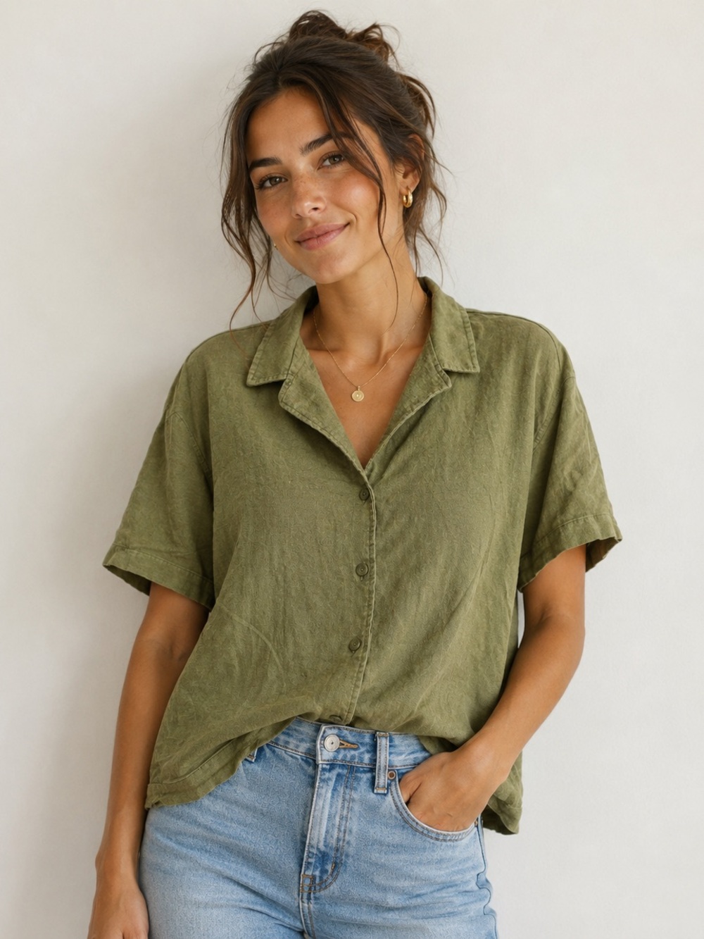 Isaac Mizrahi Linen Blend Olive Short-Sleeve Button-Down Shirt EUC Size M